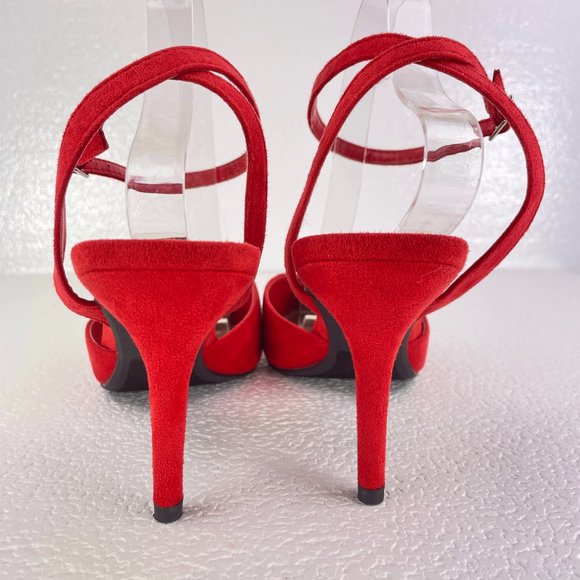Red faux microsuede pointed toe ankle wrap heels - SZ 9 - Picture 5 of 7
